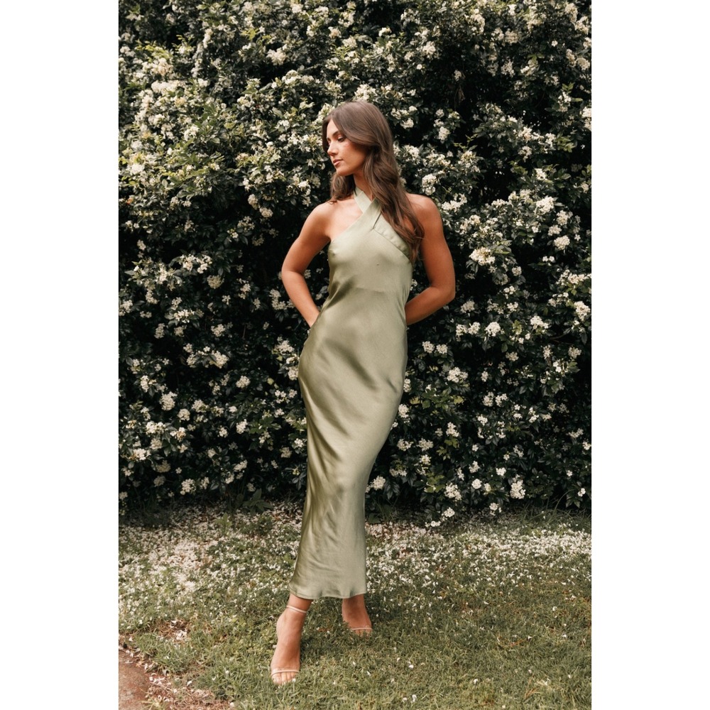 Petal & Pup Olive Green Grasie Satin Halter Maxi Dress Size 12 Wedding Guest